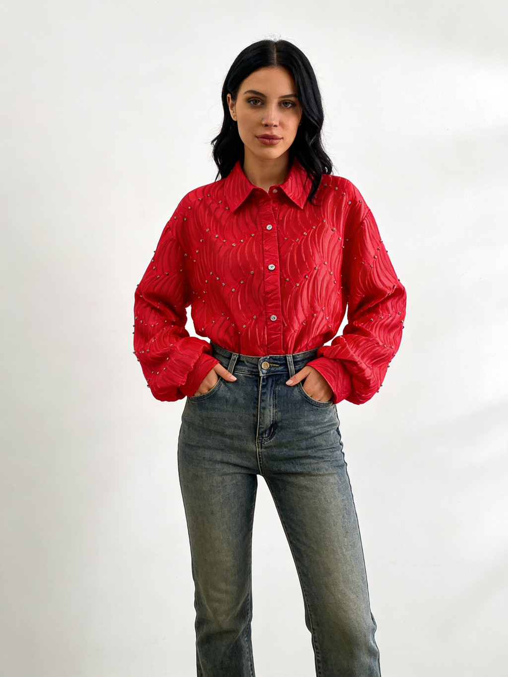 Silk satin textured water ripple pleated loose-fitting rhinestone long-sleeved shirt（BUY 2 FREE SHIPPING)