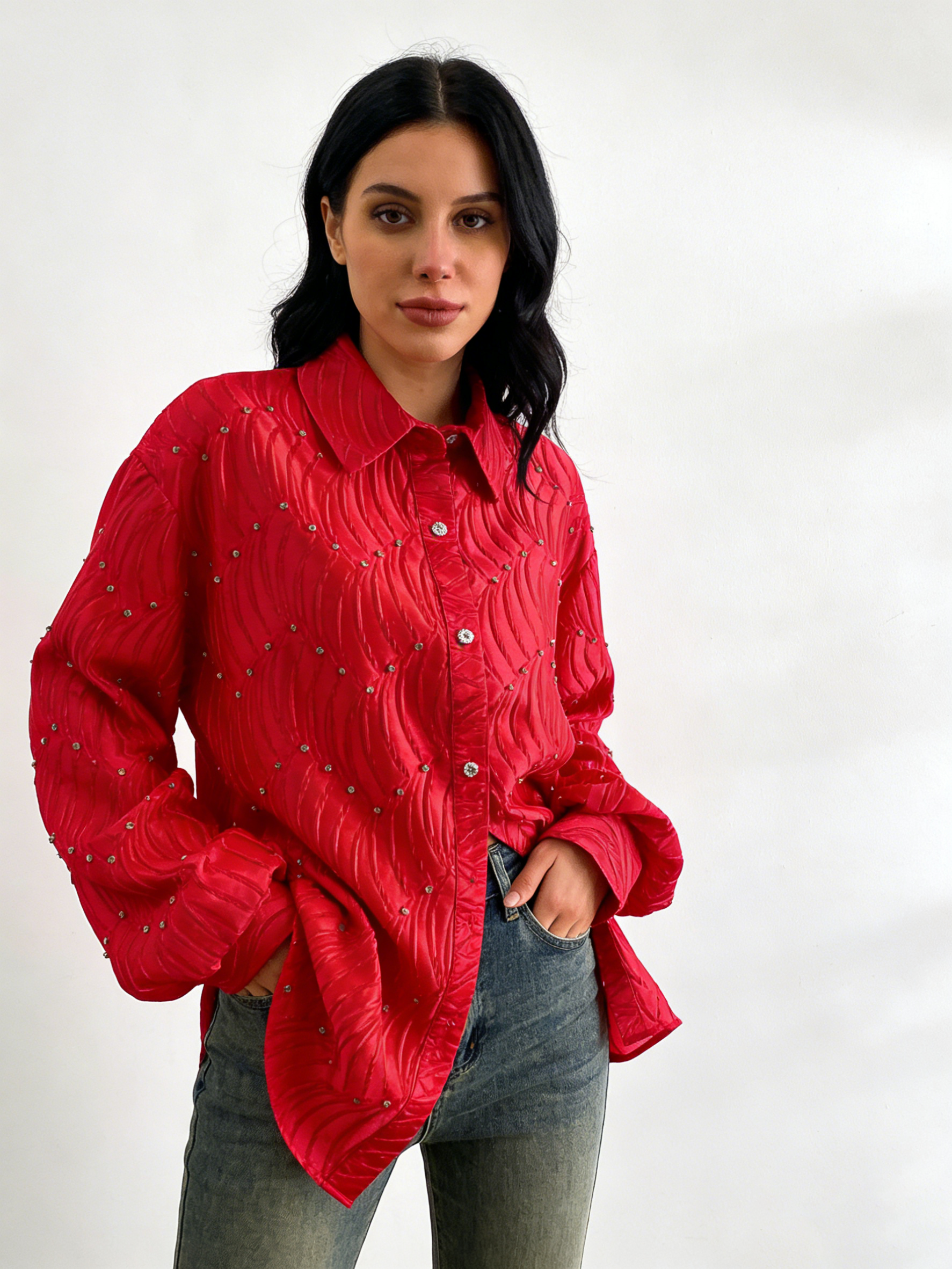 Silk satin textured water ripple pleated loose-fitting rhinestone long-sleeved shirt（BUY 2 FREE SHIPPING)