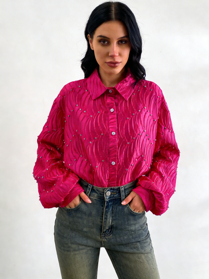 Silk satin textured water ripple pleated loose-fitting rhinestone long-sleeved shirt（BUY 2 FREE SHIPPING)
