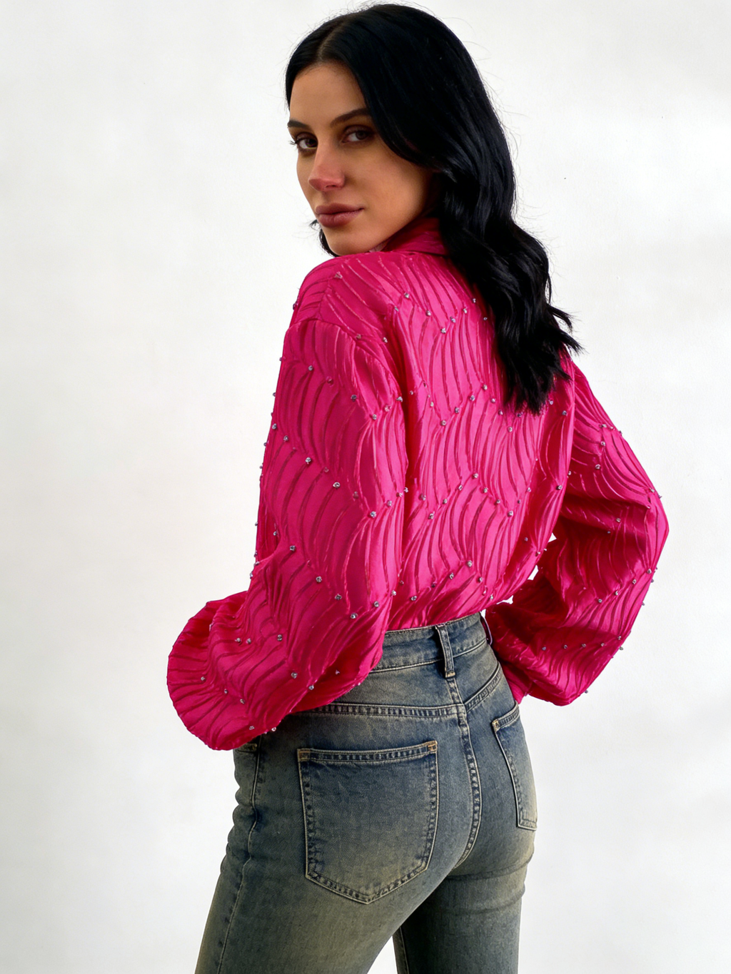 Silk satin textured water ripple pleated loose-fitting rhinestone long-sleeved shirt（BUY 2 FREE SHIPPING)