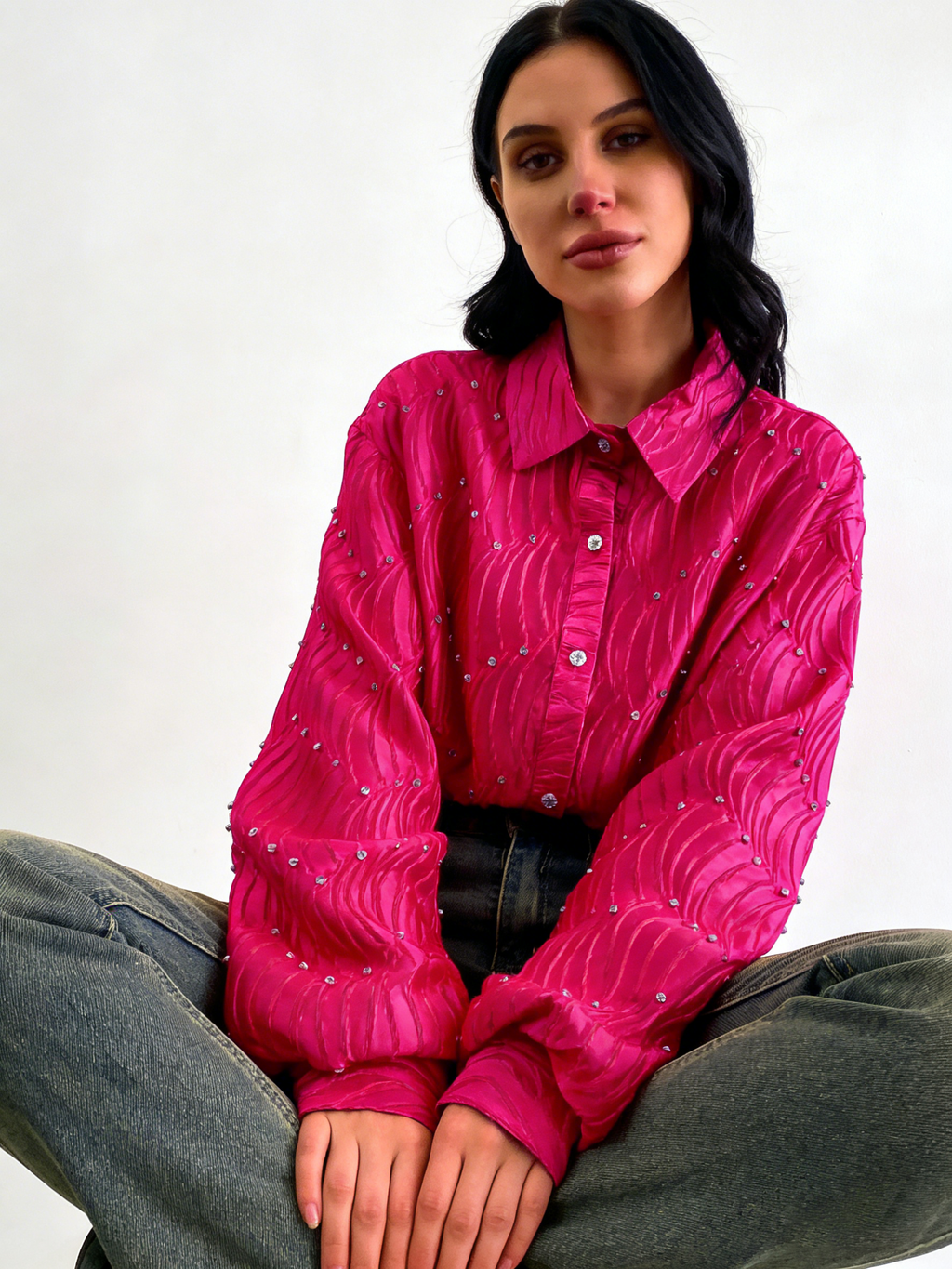 Silk satin textured water ripple pleated loose-fitting rhinestone long-sleeved shirt（BUY 2 FREE SHIPPING)