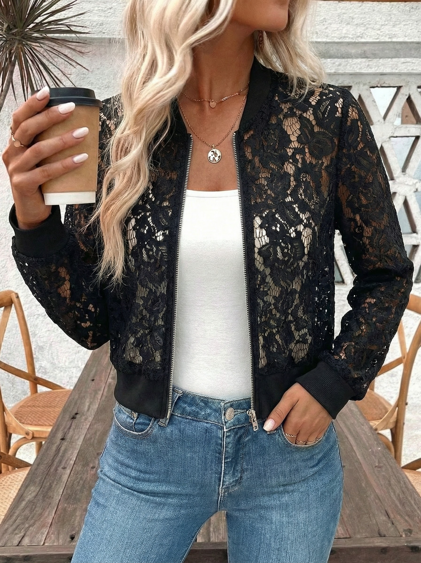 ✨Elegant women's jacquard lace see-through zip-up short jacket（buy 2 free shipping)