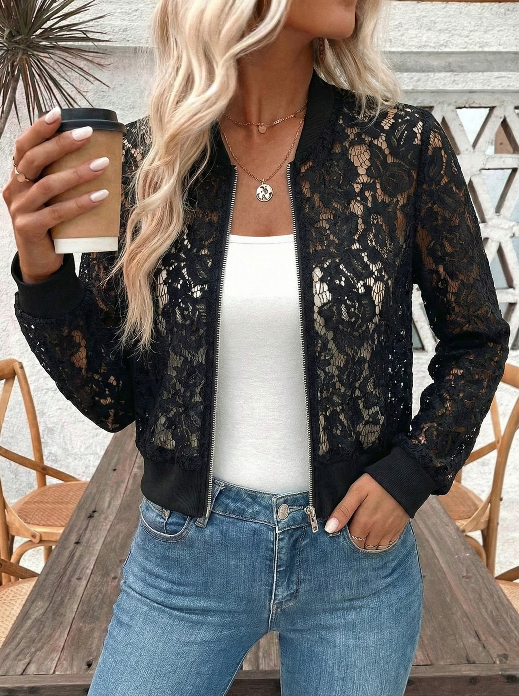 Elegant women's jacquard lace see-through zip-up short jacket