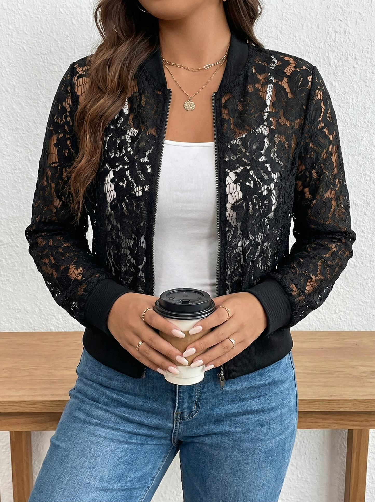 Elegant women's jacquard lace see-through zip-up short jacket