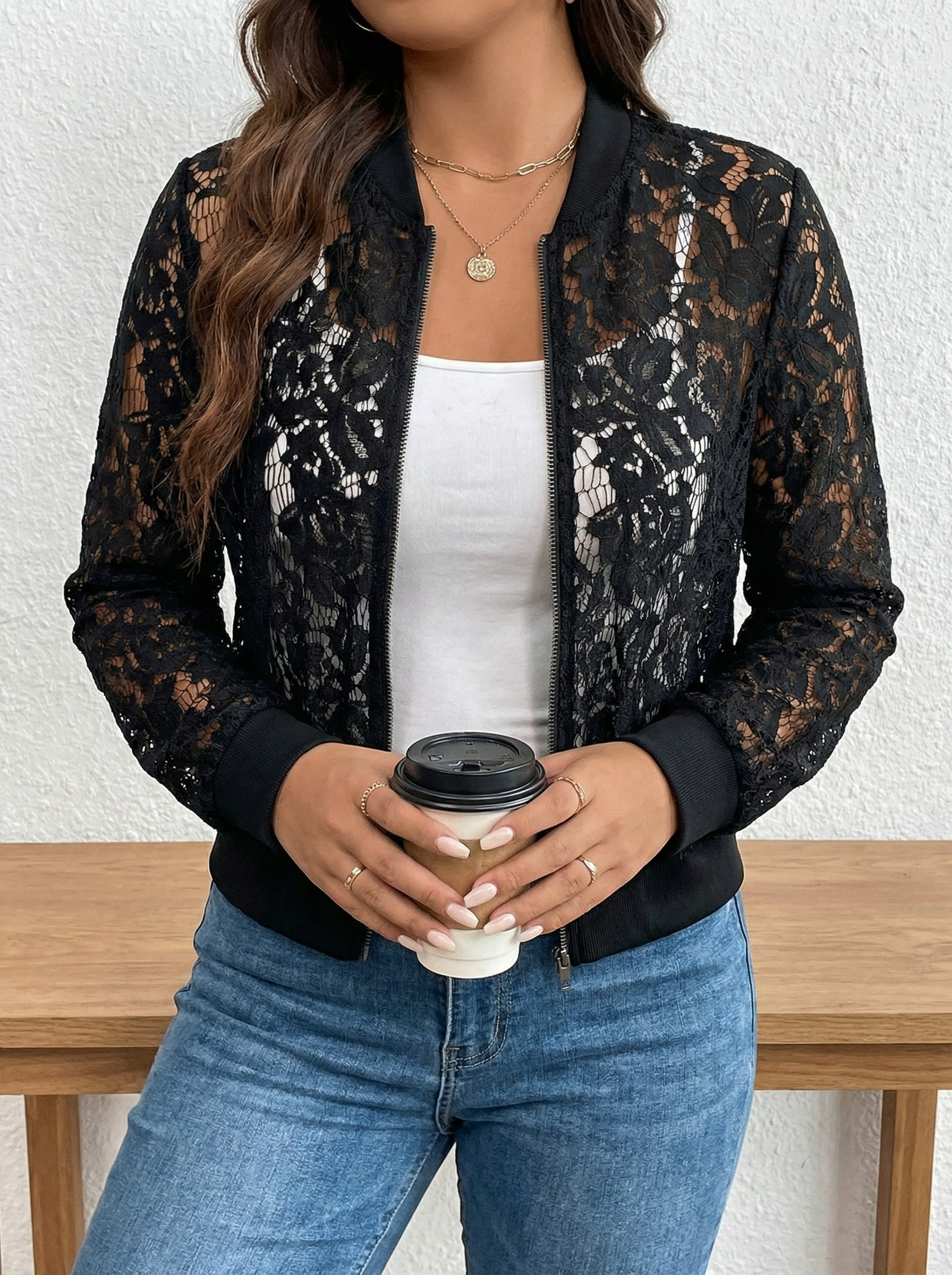 Elegant women's jacquard lace see-through zip-up short jacket