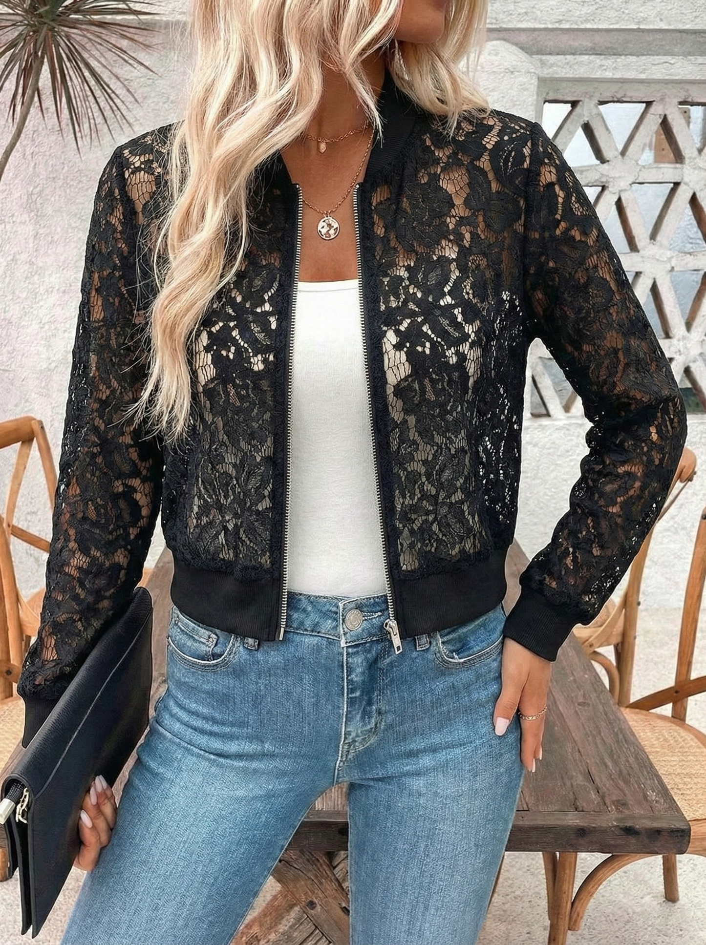 ✨Elegant women's jacquard lace see-through zip-up short jacket（buy 2 free shipping)