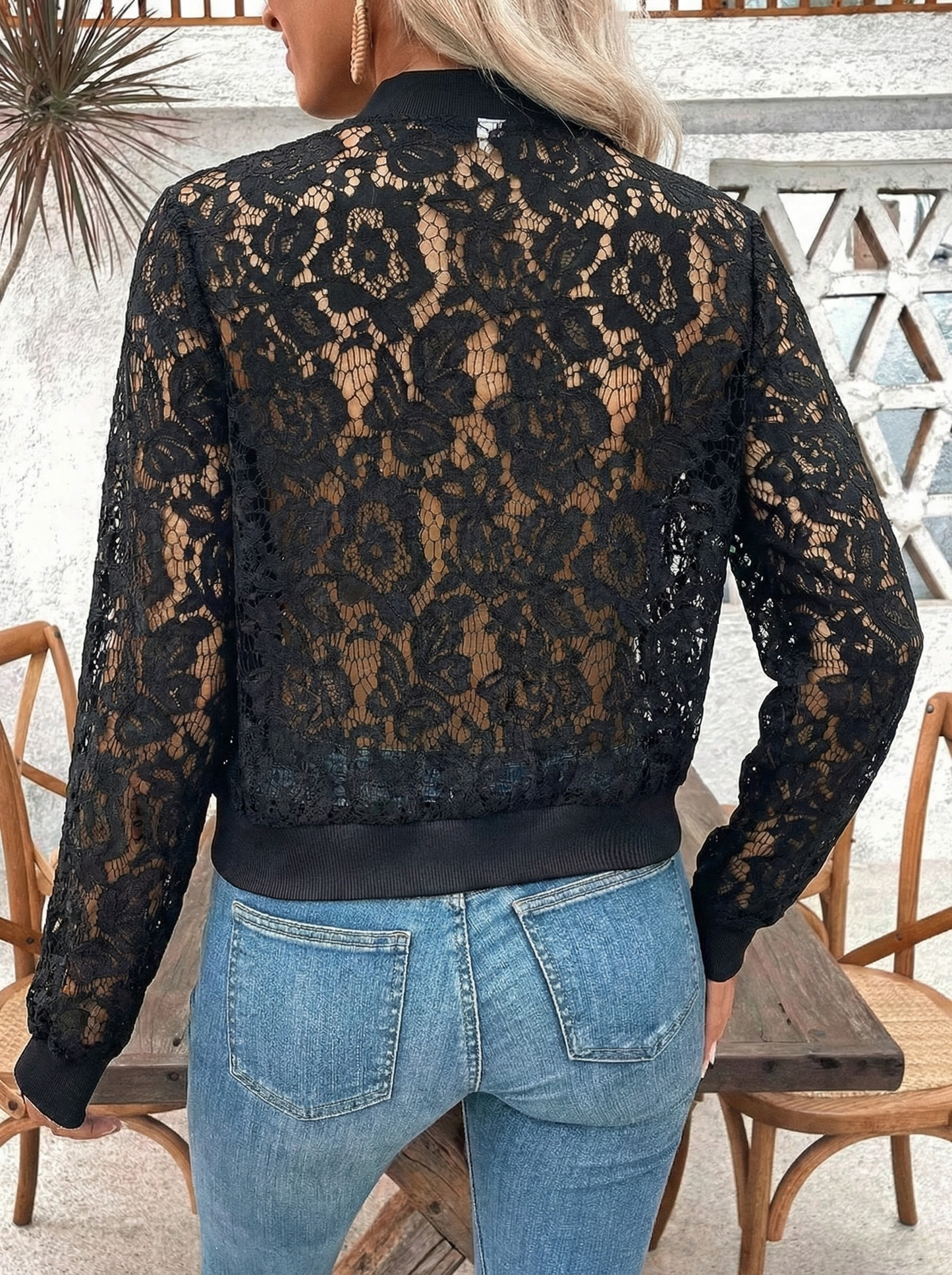 Elegant women's jacquard lace see-through zip-up short jacket
