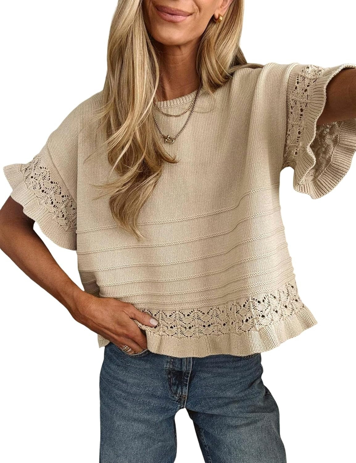 HOT SALE Women's Round Neck Ruffled Hem Knit Pullover Top