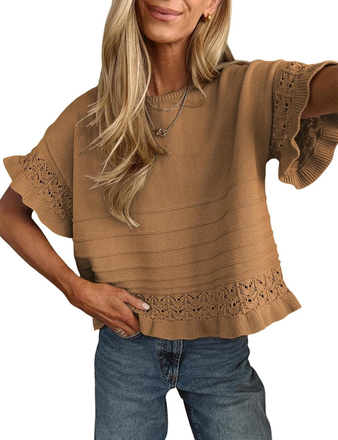 HOT SALE Women's Round Neck Ruffled Hem Knit Pullover Top
