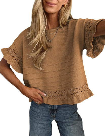 HOT SALE Women's Round Neck Ruffled Hem Knit Pullover Top