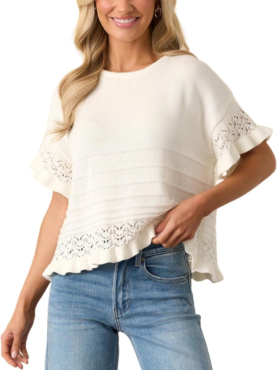 HOT SALE Women's Round Neck Ruffled Hem Knit Pullover Top