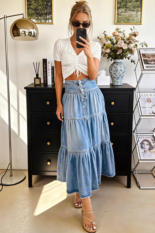 High-Waisted Tiered Denim Maxi Skirt