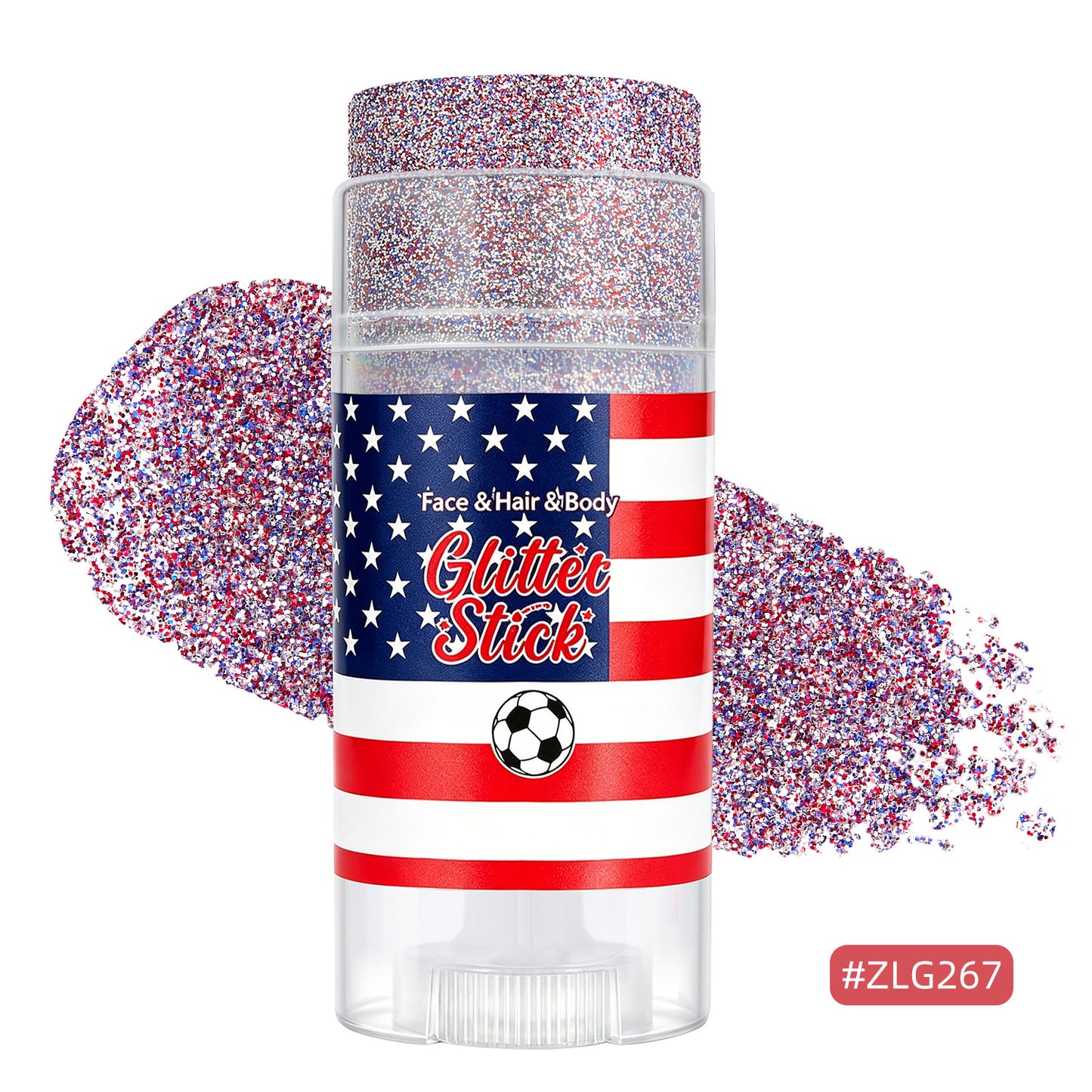 July 4th Independence Day: Star-shaped hair accessory, glitter stick, and sparkly makeup