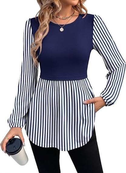 Limited time sale🔥Women Crew Neck Babydoll Peplum Long Sleeve Tunic Blouse