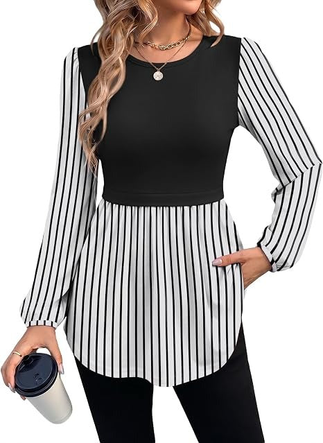 Limited time sale🔥Women Crew Neck Babydoll Peplum Long Sleeve Tunic Blouse