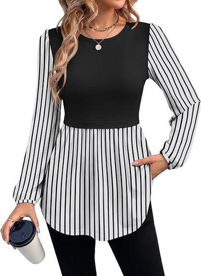 Limited time sale🔥Women Crew Neck Babydoll Peplum Long Sleeve Tunic Blouse