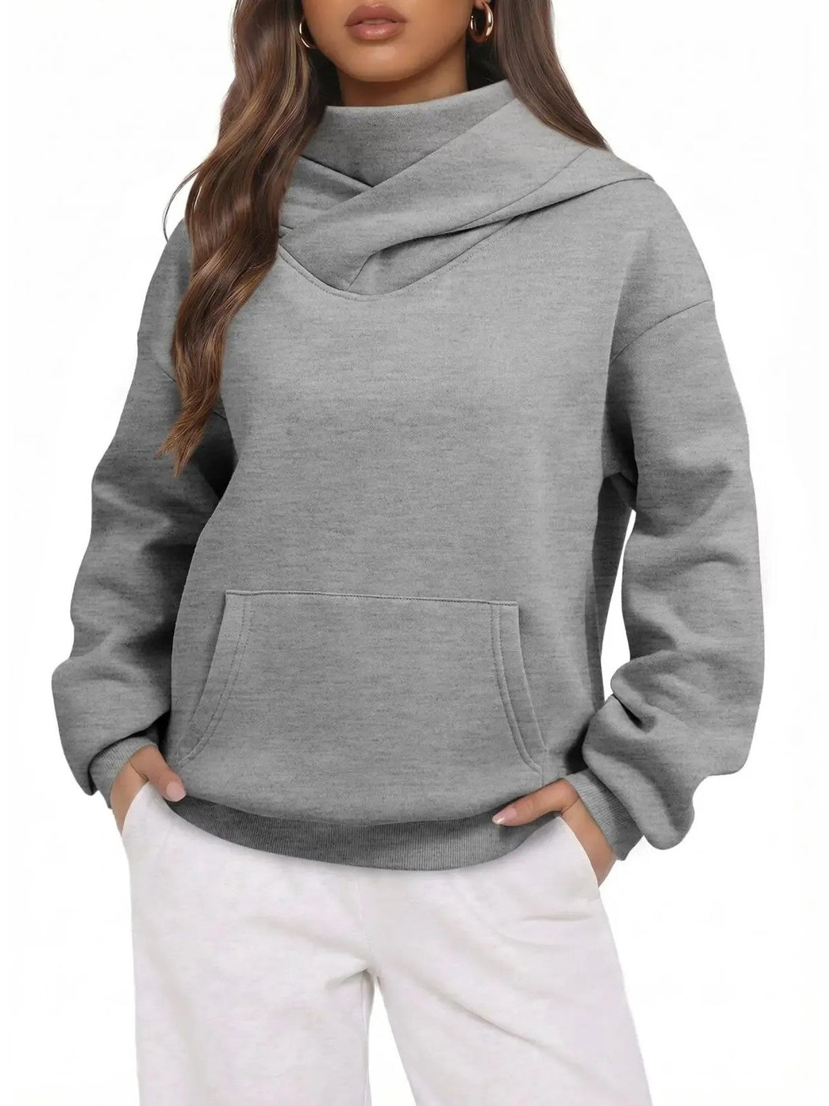 Women Cross Wrap Turtleneck Hoodie With Pocket