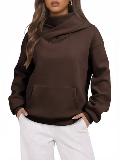 Women Cross Wrap Turtleneck Hoodie With Pocket