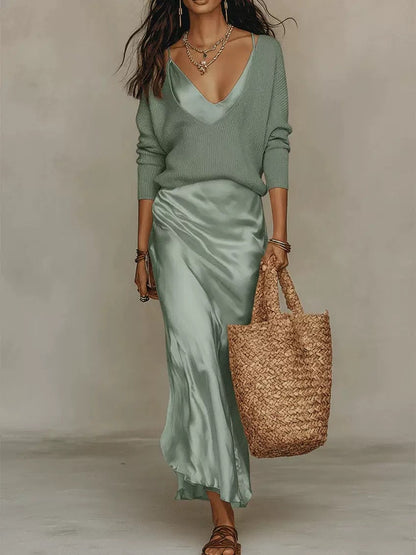 Women 2 Piece Quiet Luxury Matching Set Deep V Neck Loose Ribbed Knit Sweater & Slip Midi Skirt