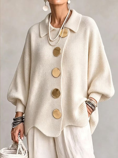 Women French Lapel Irregular Hem Lantern Sleeve Knit Cardigan