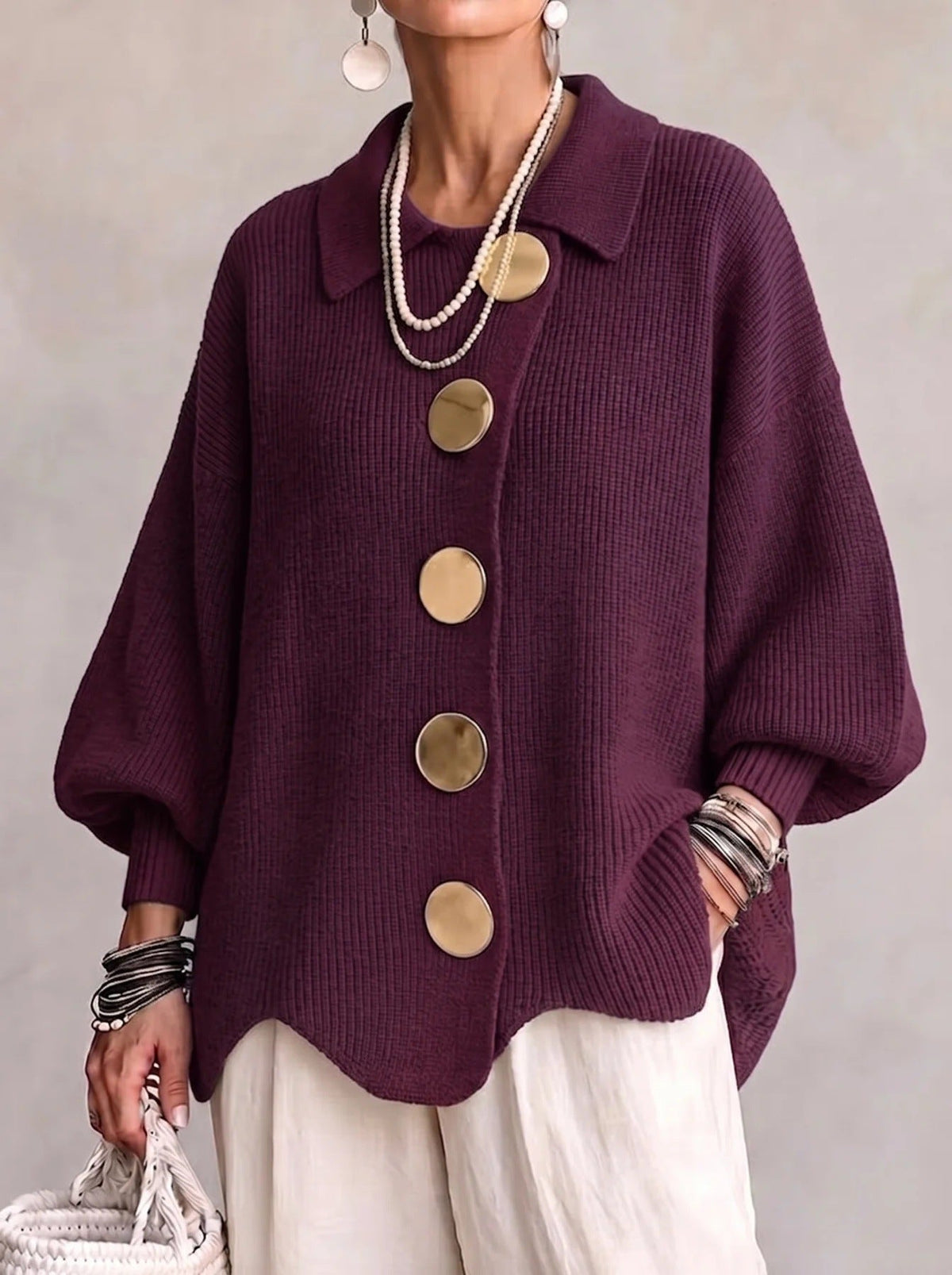 Women French Lapel Irregular Hem Lantern Sleeve Knit Cardigan