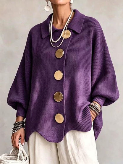 ⏰Hot Sale-Women French Lapel Irregular Hem Lantern Sleeve Knit Cardigan