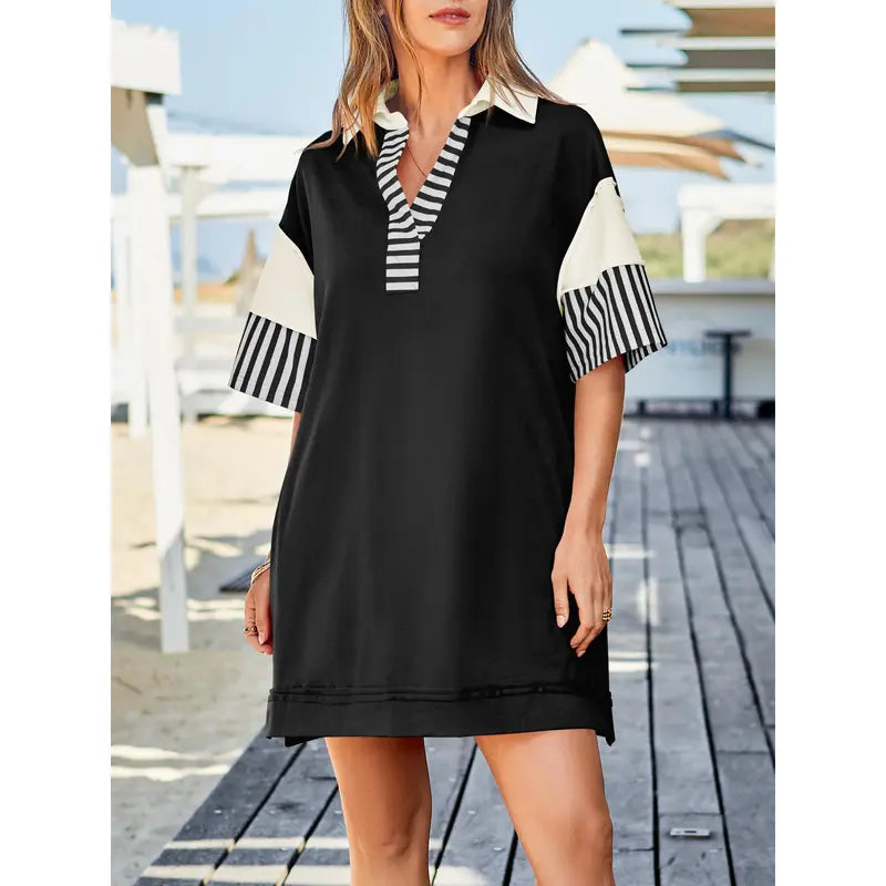 Women's Polo V Neck T Shirt Dress Casual Summer Oversized Color Block Short Sleeve Sweatshirt Mini Dresses