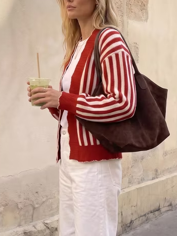 Women Striped Scalloped Trim Open Front Knit Cardigan