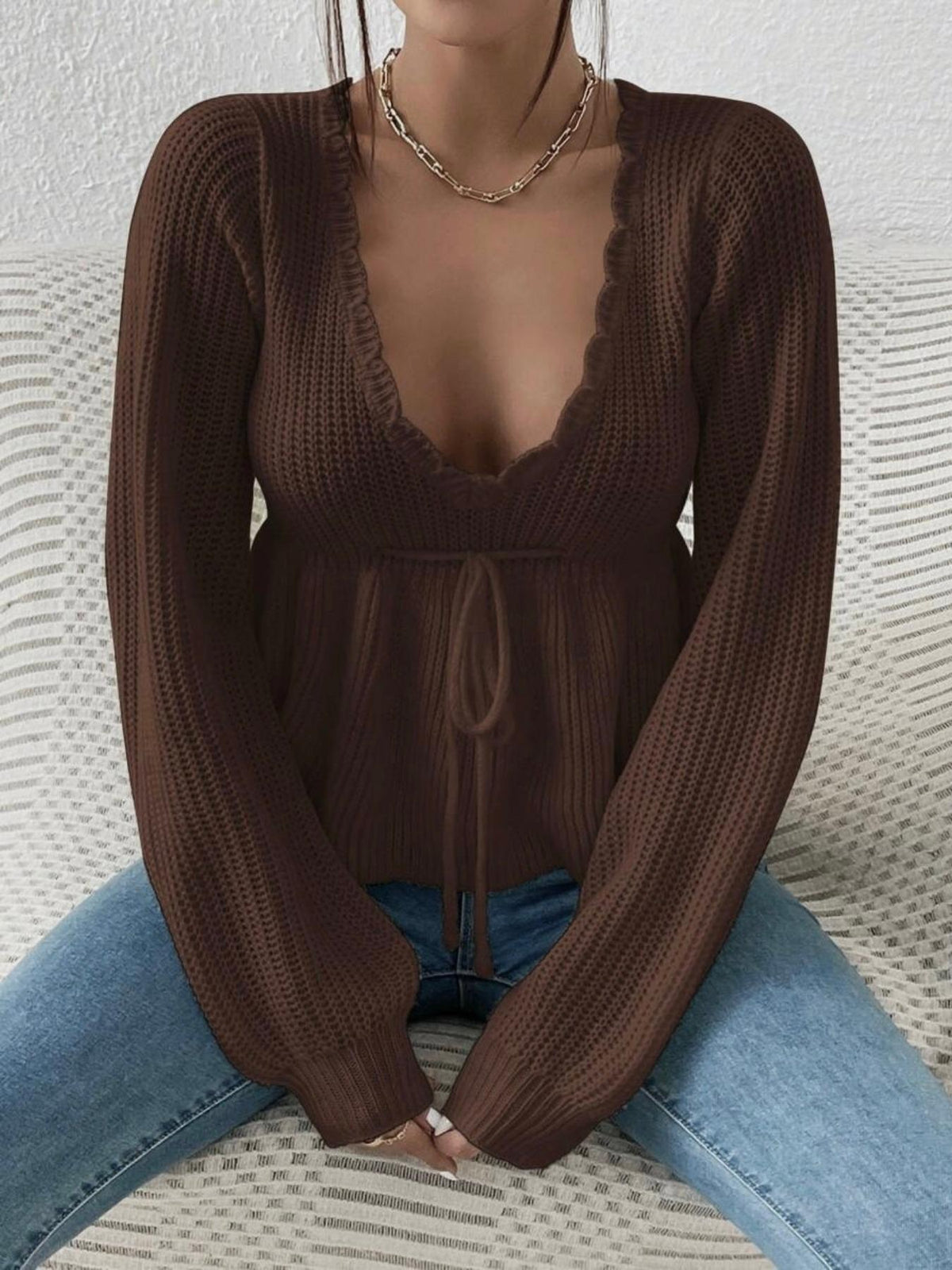 Women's Deep V-Neck Drawstring Tie Front Knit Crop Top, Scallop Trim Bishop Long Sleeve Peplum Sweater