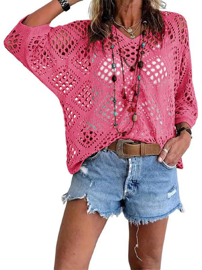 Women's Bohemian-Inspired Beige Crochet Top with V-Neck(Buy 2 Free Shipping)