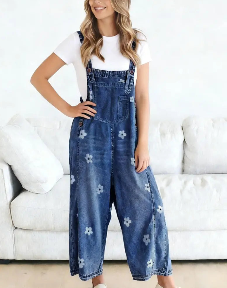 Women Floral Printed Adjustable Strap Denim Bib Overall Wide Leg Jeans Casual Baggy Overalls Jumpsuit