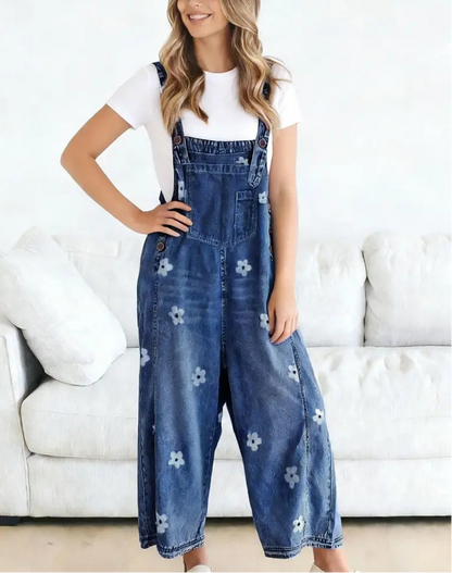 Women Floral Printed Adjustable Strap Denim Bib Overall Wide Leg Jeans Casual Baggy Overalls Jumpsuit