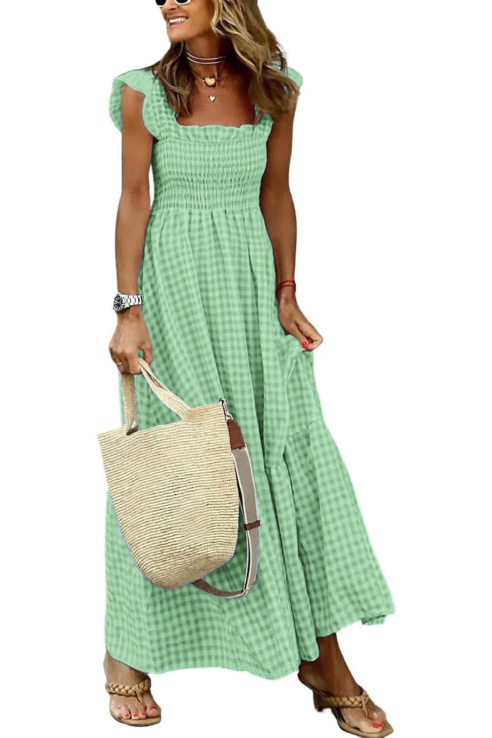 Women's Retro Plaid Smocked Dress Spaghetti Strap Flounce Long Dress