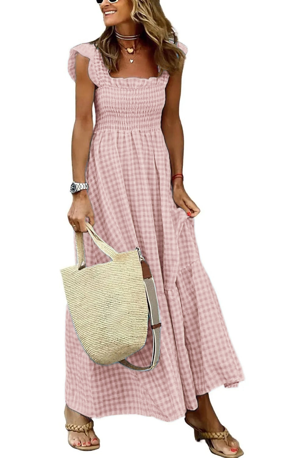 Women's Retro Plaid Smocked Dress Spaghetti Strap Flounce Long Dress