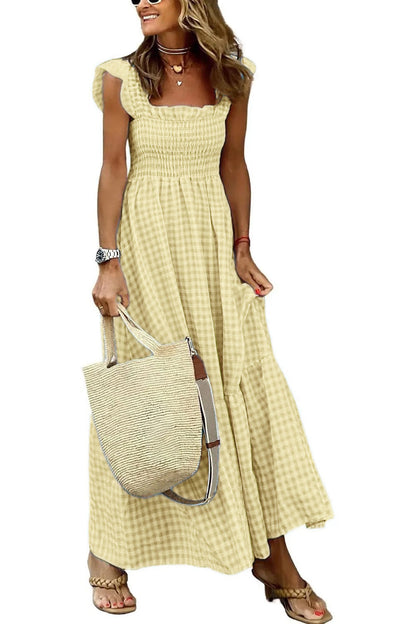Women's Retro Plaid Smocked Dress Spaghetti Strap Flounce Long Dress