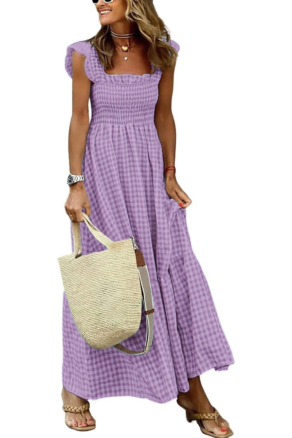 Women's Retro Plaid Smocked Dress Spaghetti Strap Flounce Long Dress