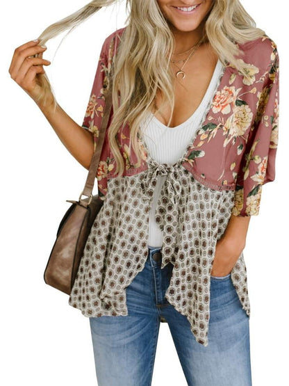 🔥🔥🔥🔥Women's Floral Kimono Ruffle Sleeve Tie Cardigans Flowy Boho Loose Cover Ups