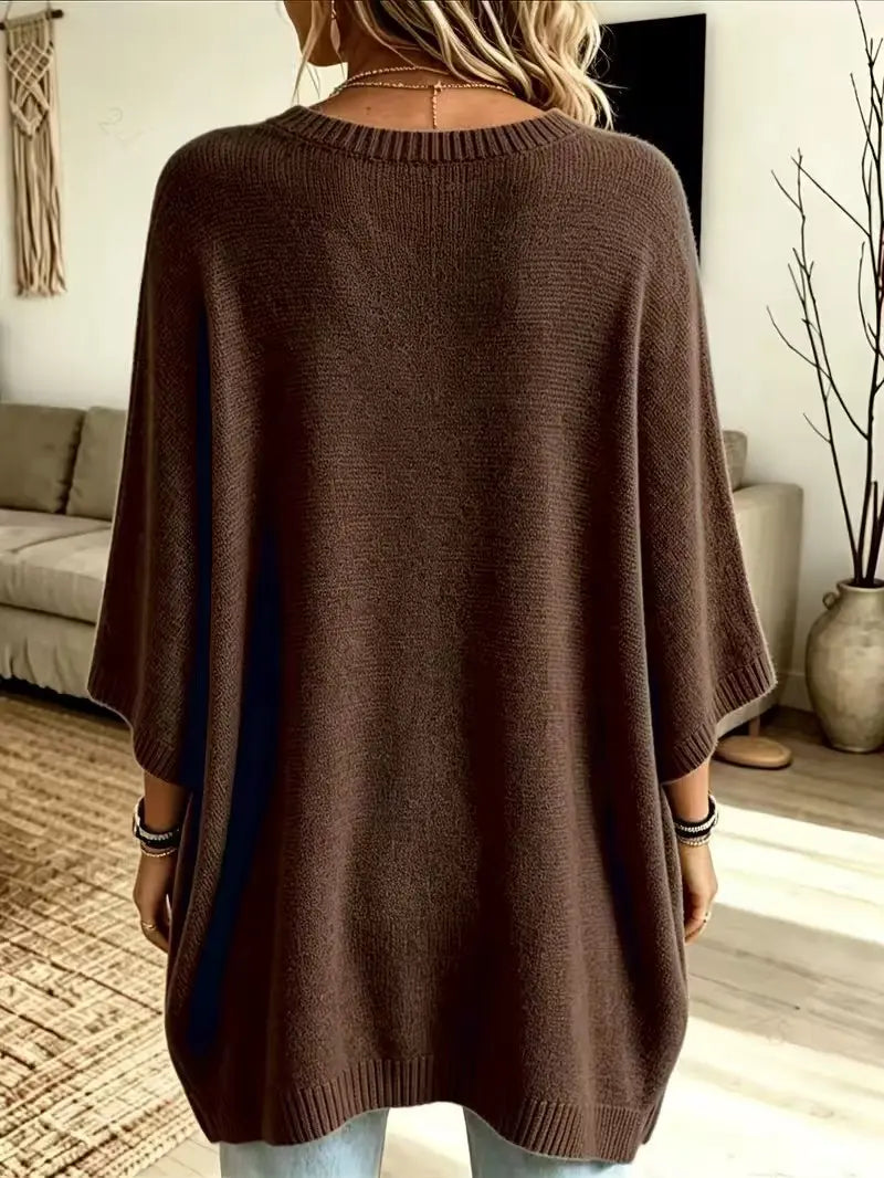⏰Hot Sale-Women Round Neck Side Slit Oversized Batwing Sleeve Knit Top