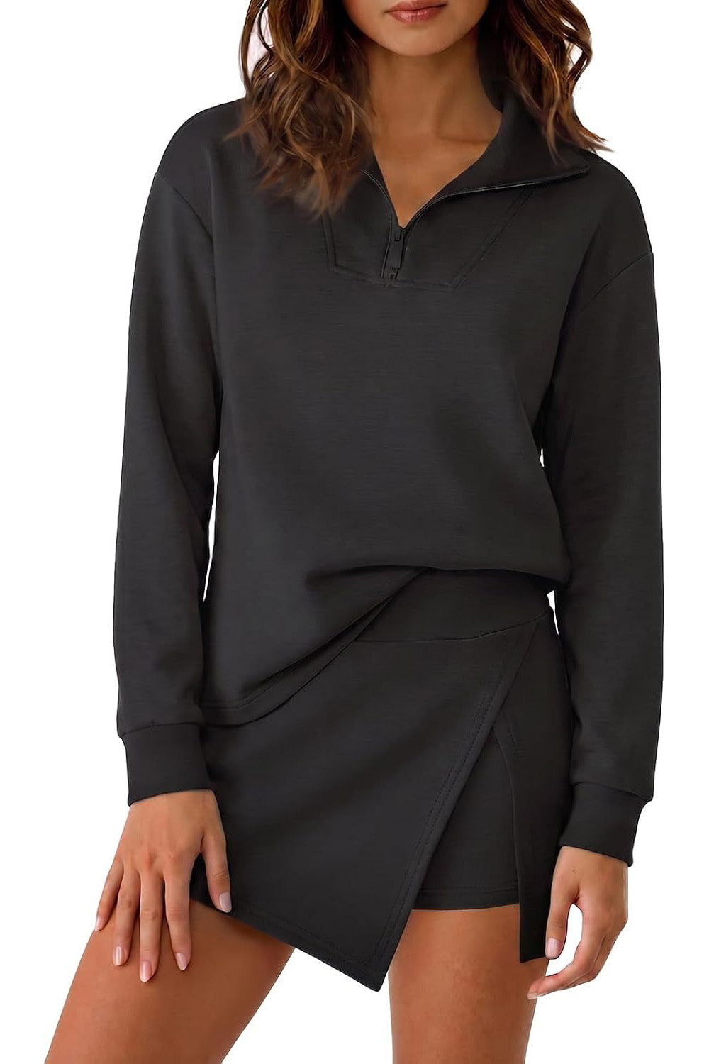 Hot Sale-Women's Half Zip Long?Sleeve Top & Wrap Skort 2 Piece Casual Set