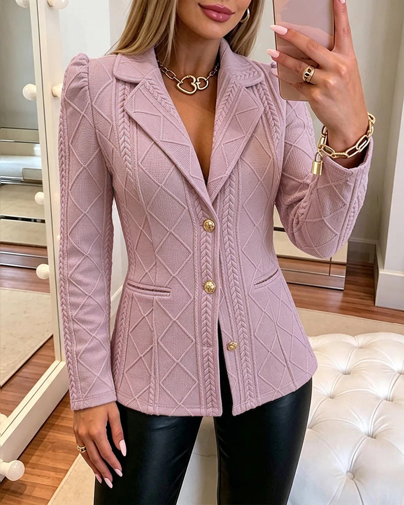 Women Lapel Collar Quilted Pattern Bodycon Blazer