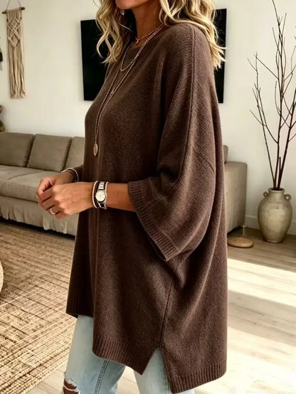 ⏰Hot Sale-Women Round Neck Side Slit Oversized Batwing Sleeve Knit Top