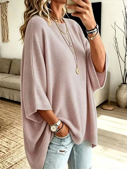 ⏰Hot Sale-Women Round Neck Side Slit Oversized Batwing Sleeve Knit Top