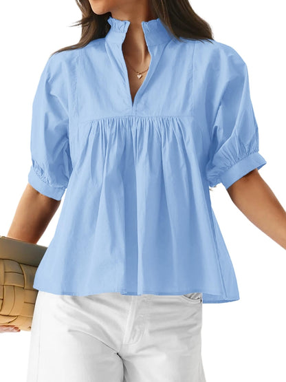 Women's Puff Sleeve V Neck Casual Pleated Tops