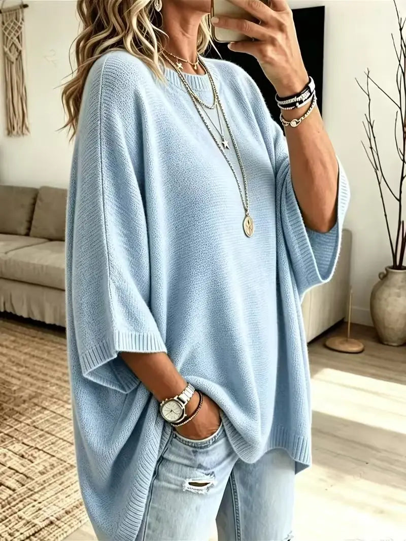 ⏰Hot Sale-Women Round Neck Side Slit Oversized Batwing Sleeve Knit Top