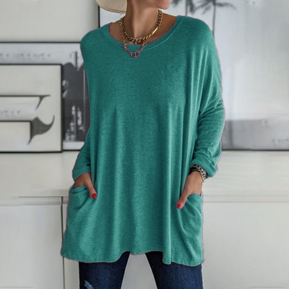 HOT SALE-Round Neck Long Sleeve Loose Pocket Solid T-Shirt