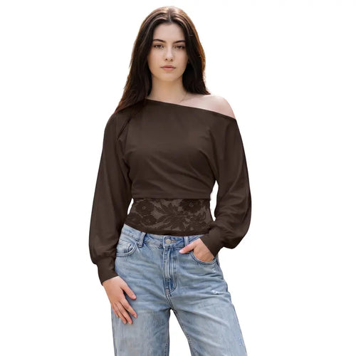 Y2K Off Shoulder Long Sleeve Top, Lace Waist Cutout Slim Crop Blouse