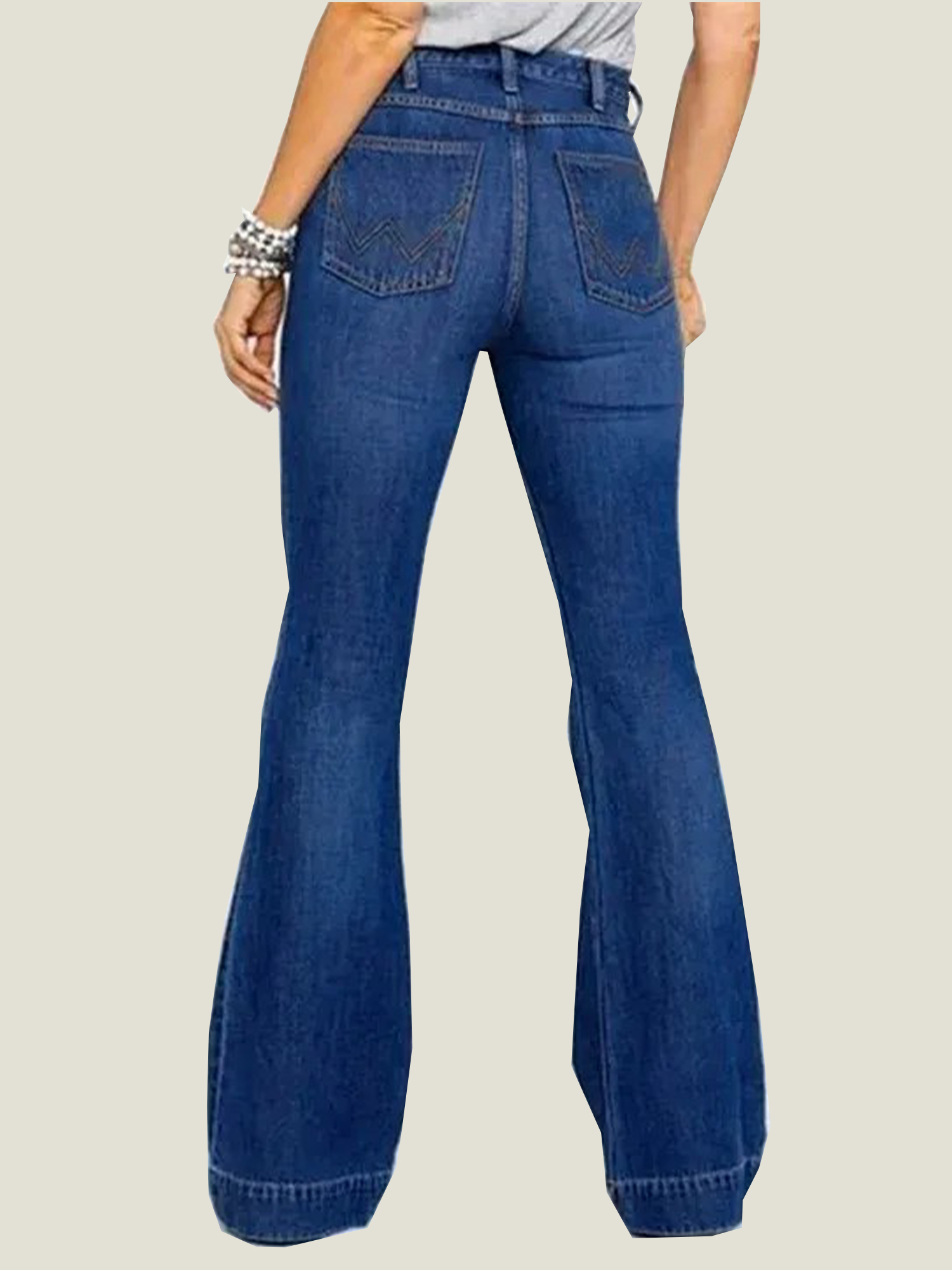 Ladies Flared High Waist Denim Button Stretch Trousers