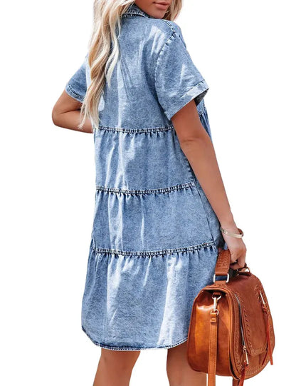 Women's Short Sleeve Button Down Flowy Tiered Babydoll Denim Dress（Buy 2 Free Shipping）