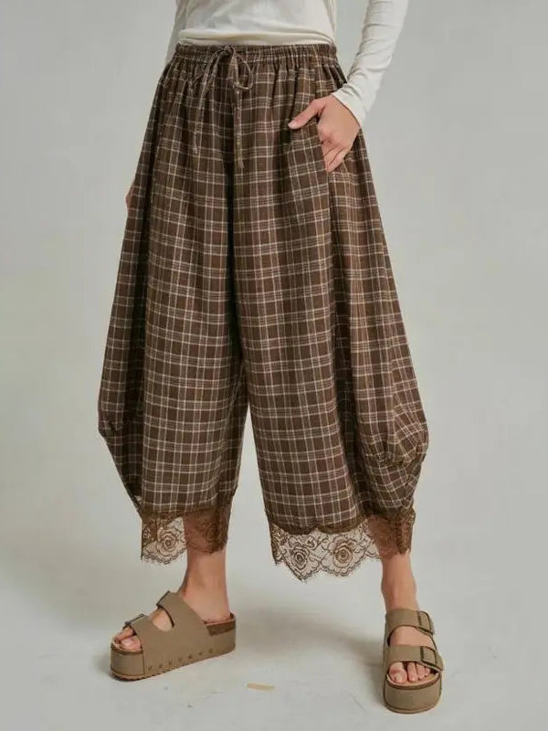 Women's Elastic Waist Drawstring Loose Casual Plaid Lace Trim Harem Pants