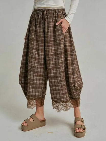 Women's Elastic Waist Drawstring Loose Casual Plaid Lace Trim Harem Pants